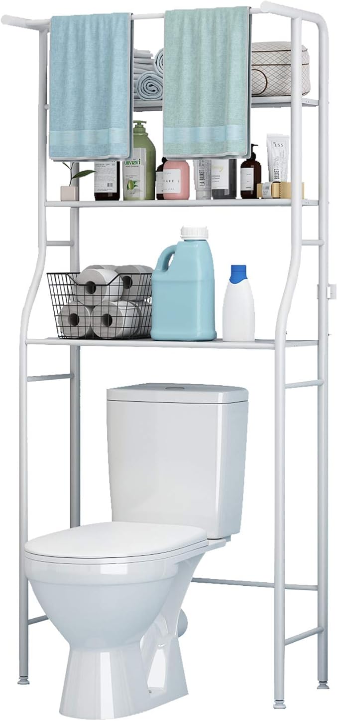 UDEAR 3-Tier Over The Toilet Rack,Bathroom Shelf Space Saver,Corner Stand Storage Organizer Accessories,The Washing Machine,with Hanging Rod,Tower Shelf,White