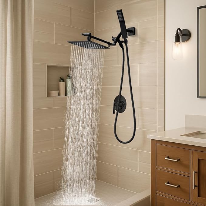 G-Promise All Metal 8 Inch Dual Square Shower Head with Handheld Spray Combo, Rain Shower Head, Adjustable Extension Arm, 3-Way Diverter, 71 Inch Extra Long Hose - A Bathroom Upgrade (Matte Black)