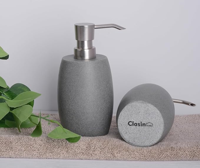 Sandstone Textured Resin Soap Dispenser with Metallic Pump and Waterproof Bottle Labels for Bathroom Kitchen Dish Hand Wash Shower Lotion Shampoo, 12 Oz, 2 Sets Gray