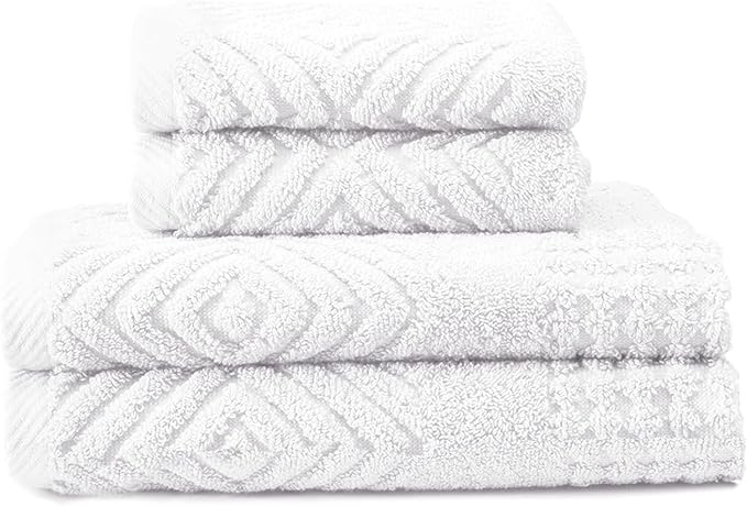 Texere 100% Organic Cotton Diamond Jacquard 700 GSM Luxury Bath Towel Sets - Ultra Soft and Absorbent Hotel and Spa Quality (Diamond, Bright White, 2 Hand & 2 Wash Towels)