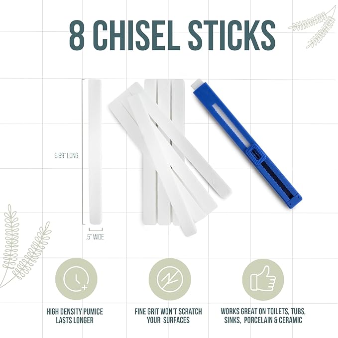 Powerstone Pumice Long Lasting Chisel Sticks - 8 Pack | Refillable Case with 8 Scouring Sticks to Remove Stains, Limescale & Carbon Buildup from Stoves, Ovens, BBQ Grills, Sinks, Tiles, Toilets & More
