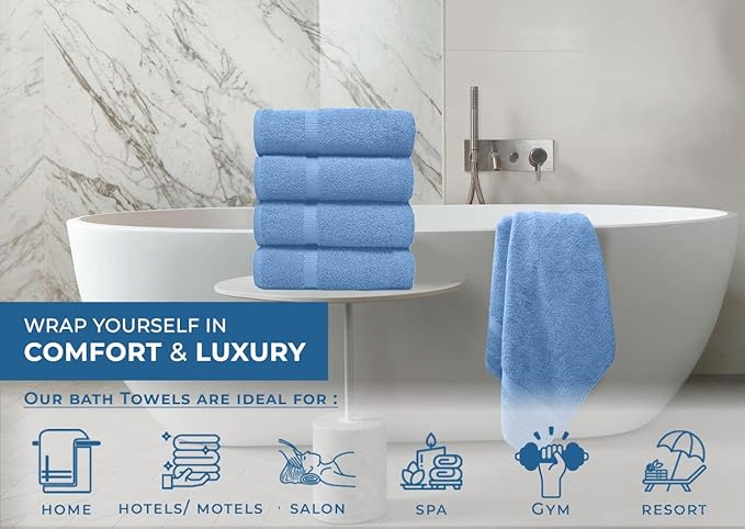 DAN RIVER Bath Towels Set of 4, 27 x 54 Inches, 100% Cotton, Larger & Lighter Weight, Quicker to Dry, Super Soft and Absorbent, Ideal Cotton Towels for Bathroom for Daily Use, Medium Blue