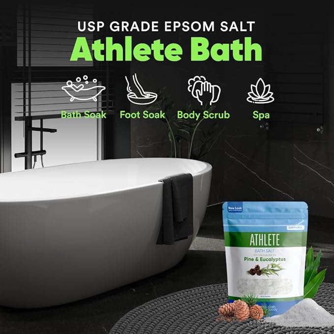 Athlete Bath Salt 32 Ounces Epsom Salt with Natural Lavender, Pine, Peppermint and Eucalyptus Essential Oils Plus Vitamin C in BPA Free Pouch with Easy Press-Lock Seal