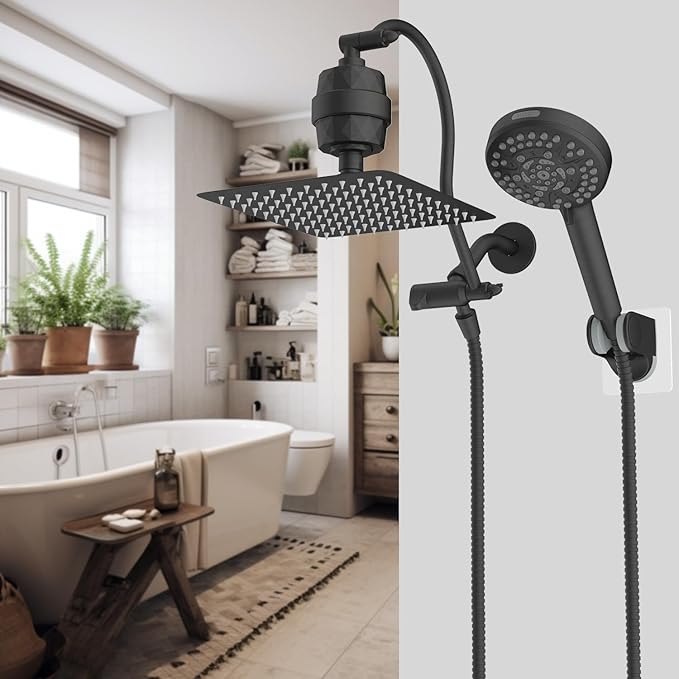 Hibbent All Metal 10'' Dual Filtered Rainfall Shower Head Combo, High Pressure Handheld Shower Head with 12'' Adjustable Extension Arm, 20 Stage Shower Filter, 10-spray, 71'' Hose, Oil Rubbed Bronze