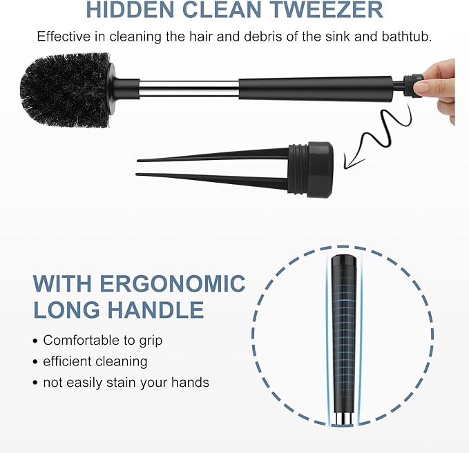 SetSail Toilet Brush and Holder 4 Pack, Self Closing Lid Toilet Bowl Brushes Holder Extra Long Handle Ventilated Toilet Brush Set for Bathroom Cleaning, Nylon Bristles, Black