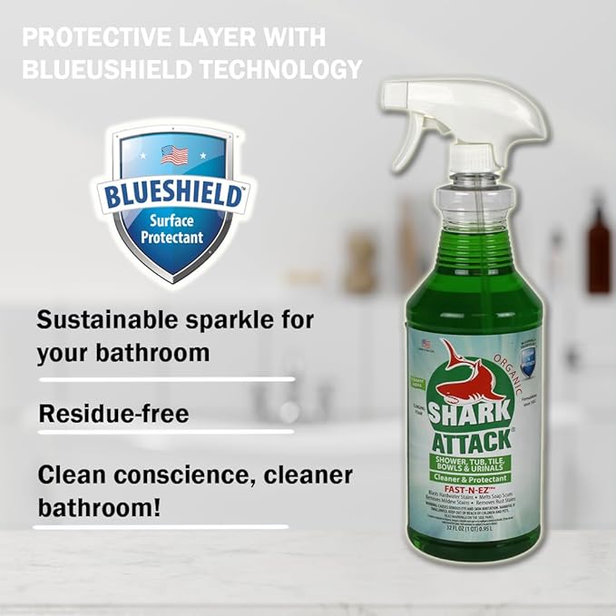 Shark Attack Organic - Bathroom Cleaner & Protectant, Shower Tile Cleaner, Soap Scum and Buildup Cleaner & Protectant - 32 oz (12)