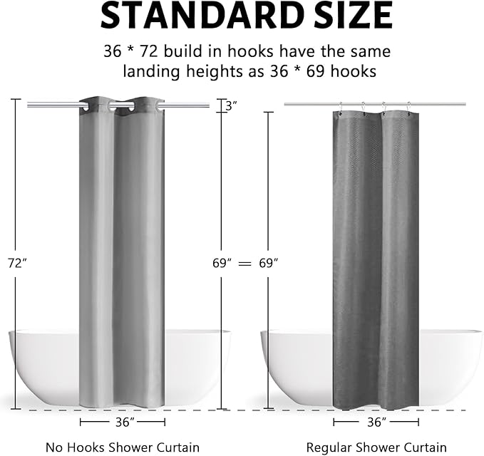 Furlinic No Hook Stall Shower Curtain,Light Grey,36" Wide Waterproof Polyester Fabric Bathroom Curtains,Hotel Style with 4 Built-in Grommets,Machine Washable,36x72 Inch