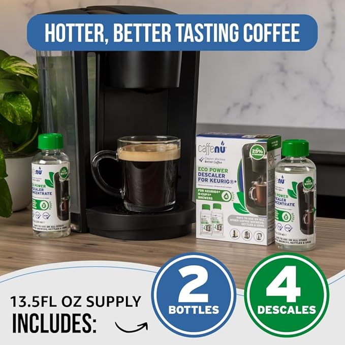 Keurig Compatible Descaling Solution. 2 Bottles of Descaler Solution. Descaling Kit Removes Limescale For Hotter Coffee. 4 Uses Descaler For Keurig Coffee Makers.