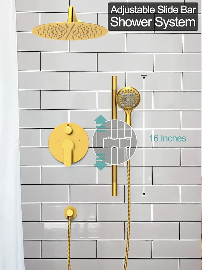 SR SUN RISE 12 Inch Brushed Gold Shower System, Wall-Mount Adjustable 16-Inch Slide Bar with 6-Function Hand Shower Faucet Included Valve and Trim Kit