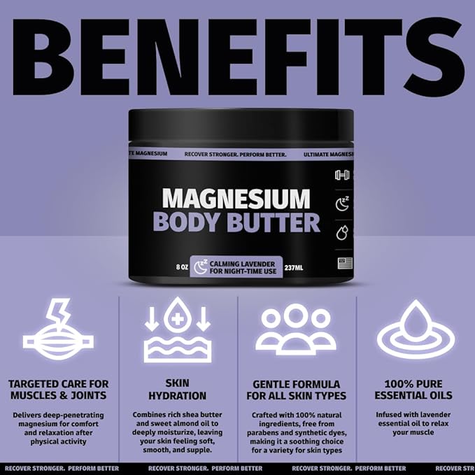 Coach Soak Nighttime Magnesium Body Butter, Thick Cream with High Magnesium Concentration, Soothes Muscles Overnight, Shea Butter, Almond Oil & Lavender, Large Size (8oz)