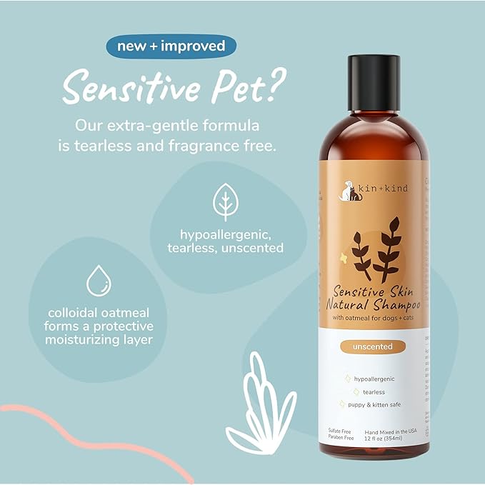 kin+kind Oatmeal Shampoo for Dogs & Cats – Natural Anti Itch Pet Shampoo for Sensitive Skin with Colloidal Oatmeal, Coconut Oil & Olive Oil – Moisturizing Oatmeal Bath for Dry, Itchy Skin – 12 fl oz