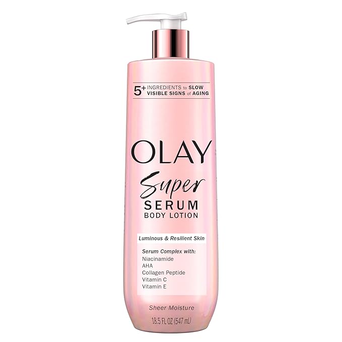 Olay Super Serum Hand & Body Lotion for Dry Skin, 24hr Long Lasting Hydration, 5+ Ingredient Serum Complex for Bright Even Firm Luminous Skin, Sweet Vanilla & Soft Wood Scent, 18.5 fl oz