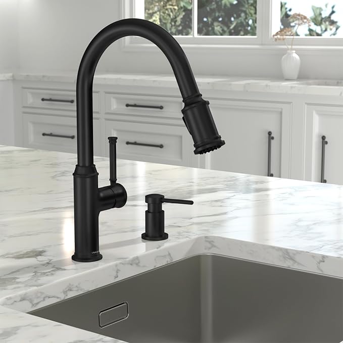 Lava Odoro Black Soap Dispenser for Kitchen Sink, Modern Brass Built in Countertop Pump Dispenser with 18 Oz Refillable Bottle, Kitchen Soap and Lotion Dispenser Spot-Free, Matte Black, KSD-21