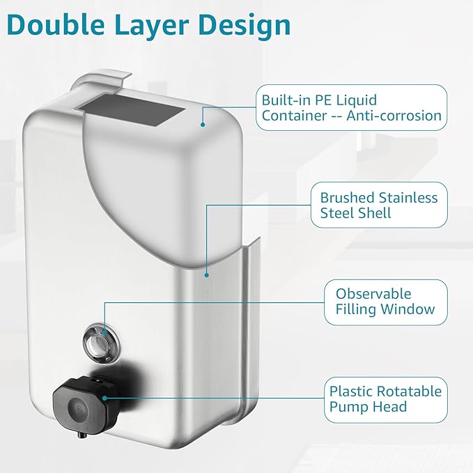 Commercial Wall Mount Soap Dispenser - Stainless Steel Bathroom Hand Soap 38.8oz Liquid - Anti-Leak Pump and Large Capacity Brushed Refillable