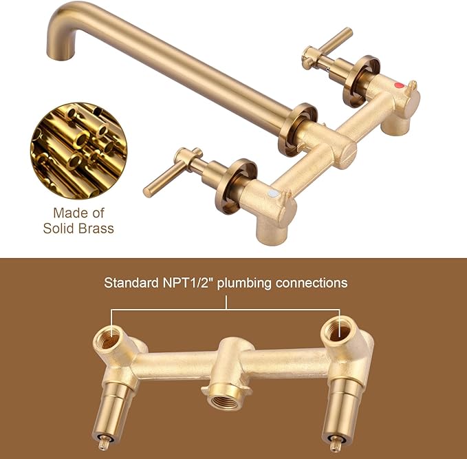 ALEASHA Wall Mount Tub Filler Tub Faucet High Flow Bathtub Faucets Two Handles Solid Brass, 12" Long Spout Reach, Brushed Gold