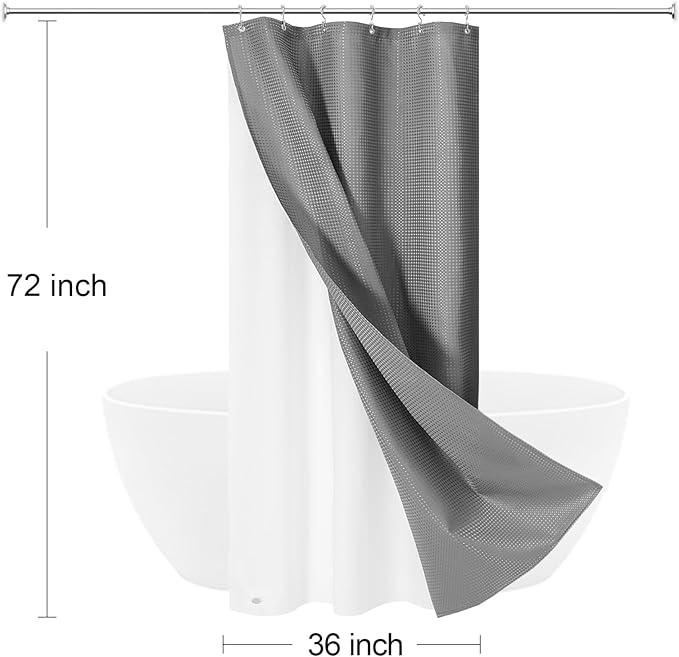 3 in 1 Stall Half Size Shower Curtain Set-36 W x 72 H, Grey Waffle Waterproof Fabric and PEVA Liner Set with Stainless Steel Hooks