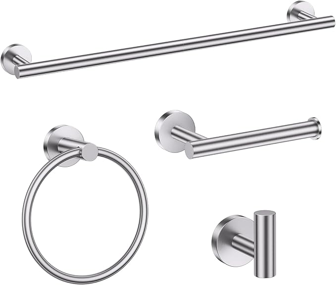 Bathroom Hardware Set, 4-Piece Towel Bar Set Brushed Nickel Towel Holder Set Includes 19.68 in Towel Bar,Toilet Paper Holder,Towel Ring and Towel Hook Wall Mount Bathroom Accessories Set