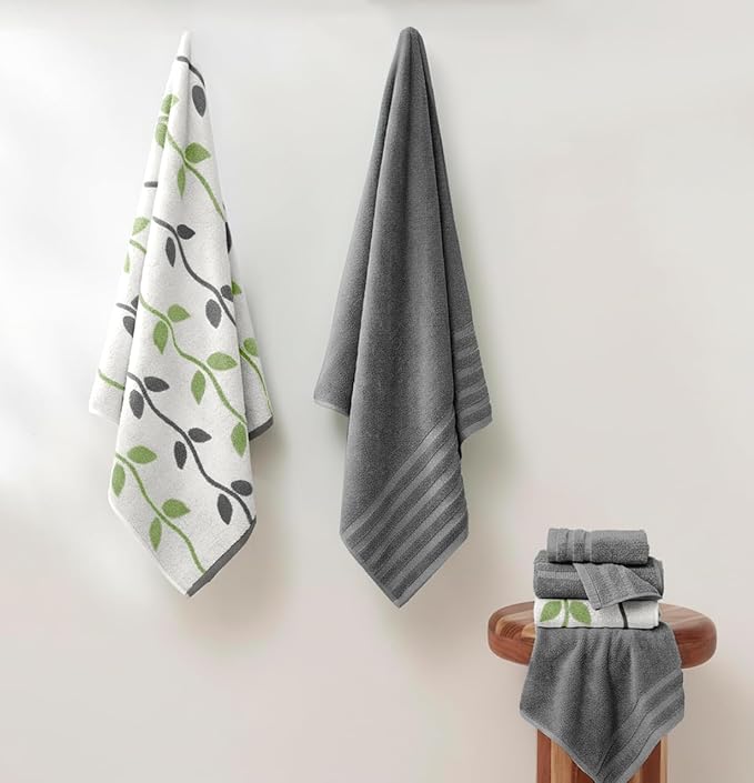 Modern Threads Organic Vines 6-Piece 100% Cotton Towel Set – Yarn Dyed Jacquard & Solid – Includes 2 Bath Towels, 2 Hand Towels, 2 Washcloths – Absorbent, Quick Dry, Soft & Durable – Gray