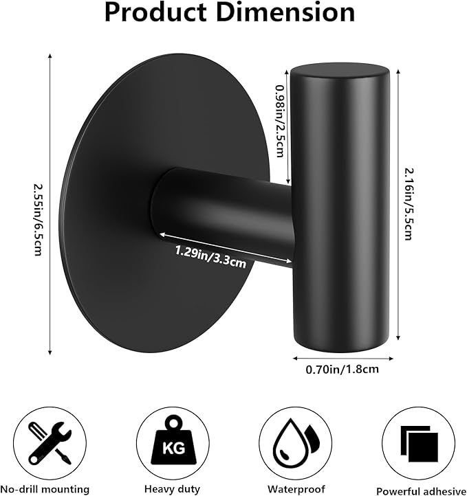 Self-Adhesive Coat Hooks, Stainless Steel Heavy Duty Wall Hooks, Towel Hooks for Hanging Robes, Aprons, Coats and Hats in Bathrooms,Kitchens and Hotels(2 Pack, Black)