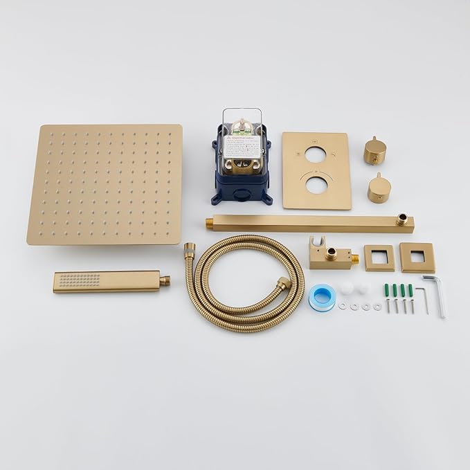 Iriber Thermostatic Shower System Wall Mount with 12 Inch Rainfall Shower Head and Handheld Bathroom Champagne Bronze Shower Set Contain Shower Faucet Mixer Trim Kit (Valve Included),Brushed Gold