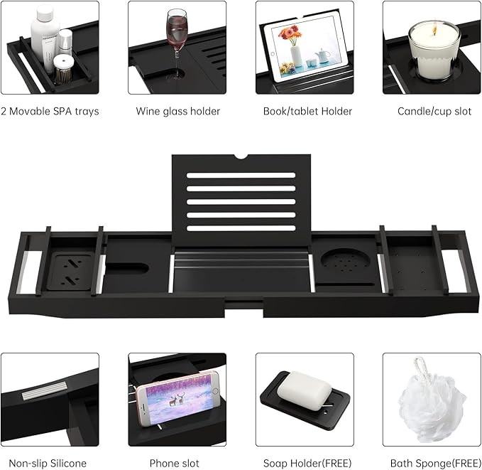 Bamboo Bathtub Tray for Luxury Bathroom, Expandable Premium Bath Tray w/Soap Towel Book Holder, Adjustable Bath Accessories for Tub,Extendable Tub Tray with Wine Glass Cup Organizer 29.5"-43.3" Black