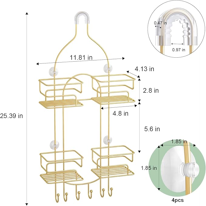 SRIWATANA Shower Caddy Hanging, Bathroom Organizer, No Drilling Shelves Over Shower Head, Bath Rack Holder with Hooks for Razors and Sponge - Gold