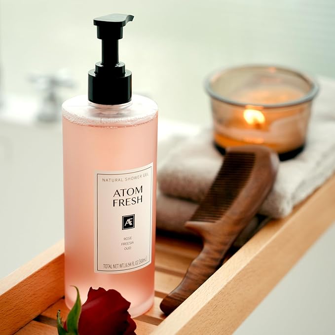 Atom Fresh Fine Fragrance Body Wash – Rose Freesia Oud Scent | Gentle Amino-Acid Cleanser with Oat, Soapberry & Vitamin E | Plant-Based & Sulfate-Free, 16.94 fl oz