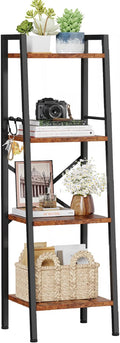 Furologee 4 Tier Ladder Bookshelf Narrow, Metal Wooden Ladder Shelf Bookcase with 2 Hooks, Small Rustic Brown Bookshelves Free Standing, Skinny Leaning Book Shelves for Bedroom Bathroom Living Room