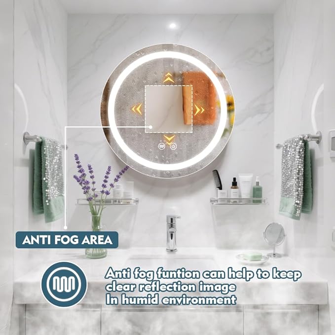 20inch Round Medicine Cabinet with Lights,Led Medicine Cabinet with Defogger,Illuminated Mirror Cabinet for Bathroom,Dimmable,Anti-Fog,3 Colors,Surface Mount Only,White