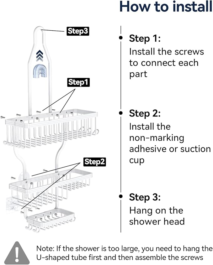 YASONIC Shower Caddy - Never Rust Aluminum Organizer - Over Shower Head with 10 Hooks & Soap Basket - White