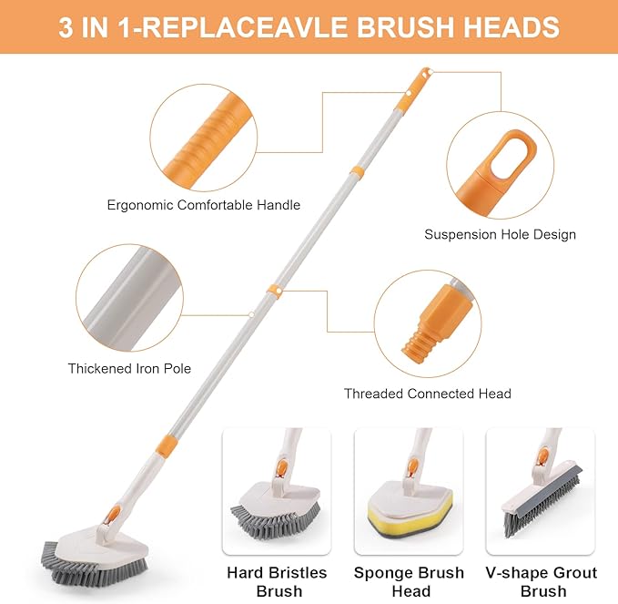 3 in 1 Shower Scrubber Cleaning Brush with Long Handle, 50'' Tub and Tile Grout Scrub Brush Stiff Bristles Lock in Place Scrub Brush Head for Bathroom Kitchen Wall Floor Bathtub Sink Glass - Upgrade