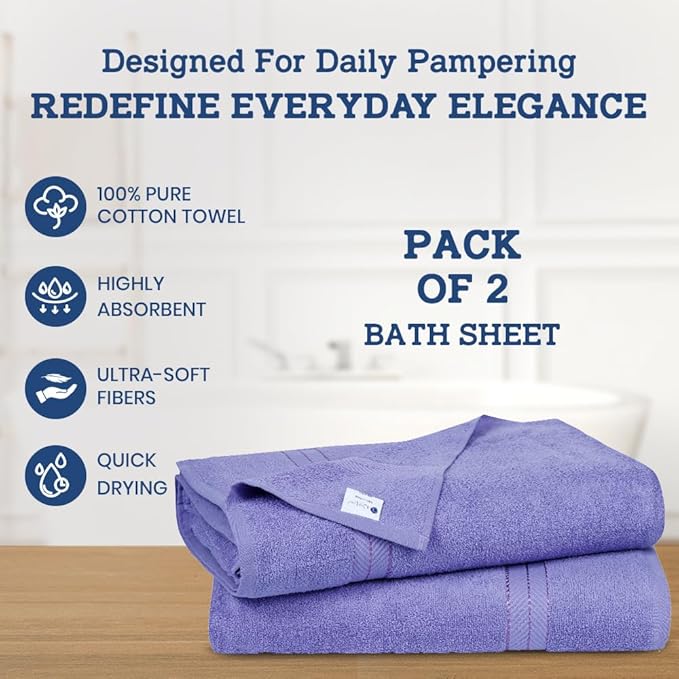 Casa Lino Bath Sheets Set Extra Large - 100% Cotton Extra Large Bath Towels - Highly Absorbent & Quick Dry Oversized Towels for Adults - 60" x 30" - Pack of 2 - (Purple)