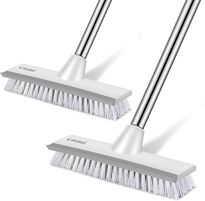 SetSail Floor Scrub Brush with 51-Inch Long Adjustable Handle 2 in 1 Scrape Brush Stiff Bristle Floor Scrubber for Cleaning Shower Bathroom Garage Kitchen Wall Deck Tub Tile, 2 Pack (Grey White)