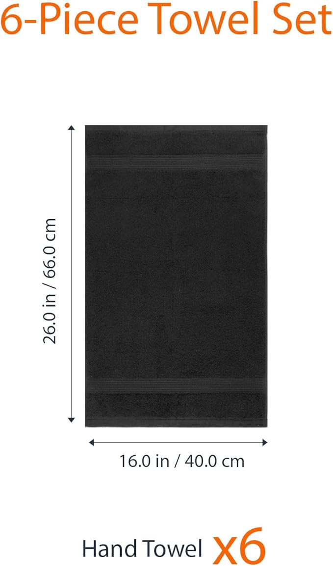 Amazon Basics 6 Piece Fade Resistant Hand Towel, 100% Cotton, Black, 26'' x 16''