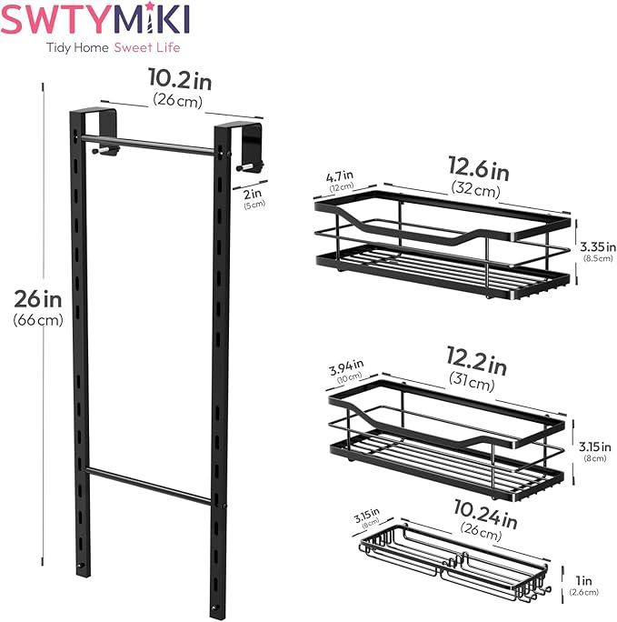 SWTYMIKI Over the Door Shower Caddy - 3 Tier Adjustable Shower Organizer Hanging with Soap Holder, No Drilling Stainless Steel Bathroom Rack Hanging for Body Wash, Shampoo, Soap, Razor, Black