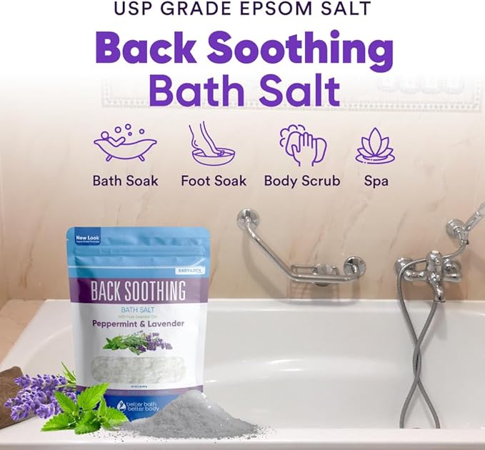Back Soothing Bath Salt 32 Ounces Epsom Salt with Natural Bergamot, Lavender, Eucalyptus and Peppermint Essential Oils Plus Vitamin C in BPA Free Pouch with Easy Press-Lock Seal