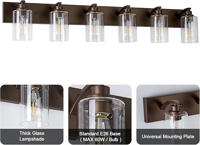6-Light Bathroom Light Fixtures Modern ORB Vanity Lights for Bathroom Lighting Fixtures Over Mirror with Clear Glass Shade for Cabinet Mirror Bedroom Hallway