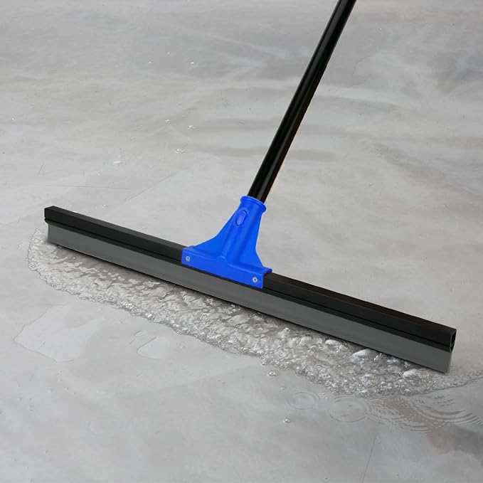 Floor Squeegee for Concrete and Tile Cleaning, 24'' Rubber Wiper Broom, Large Heavy Duty Water Scraper with 60'' Long Handle for Garage, Deck, Bathroom, Shower Glass, Window