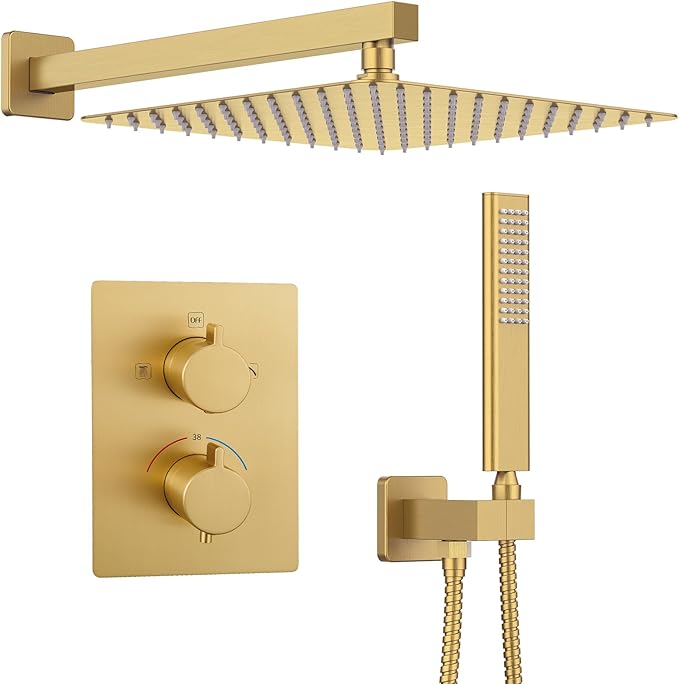 Iriber Thermostatic Shower System Wall Mount with 12 Inch Rainfall Shower Head and Handheld Bathroom Champagne Bronze Shower Set Contain Shower Faucet Mixer Trim Kit (Valve Included),Brushed Gold