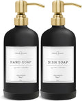 Vine Creations Black Glass Soap Dispenser, 2 Pack Kitchen Soap Dispenser Set with Stainless Steel Pump, 16 oz Dish Soap and Hand Soap Dispensers for Bathroom with Waterproof Labels
