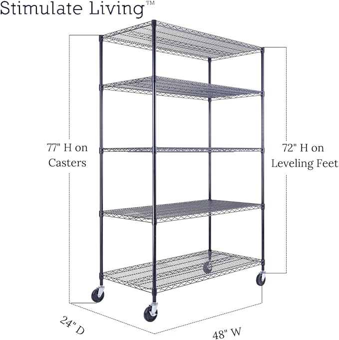 48"x24"x72" Prime Heavy Duty Black 5-Tier Steel Wire Shelving NSF 4000 LBS MAX Capacity Storage Rack for Commercial, School, Home, Garage, Warehouse, Industrial, and Hospital Uses (with Wheels)