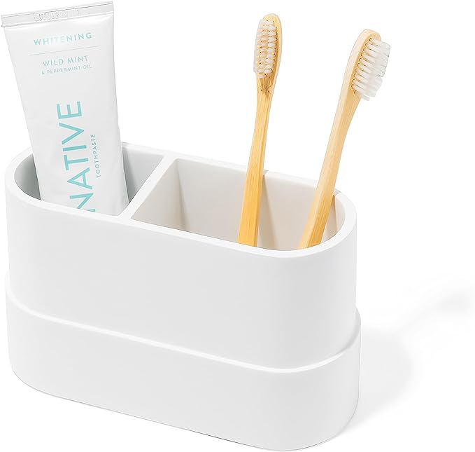 Matte White Large Toothbrush and Toothpaste Holder and Cup for Bathroom Vanity and Countertop, Round Organizer for Electric Toothbrushes, Floss, Razors, Cotton, and Mouthwash