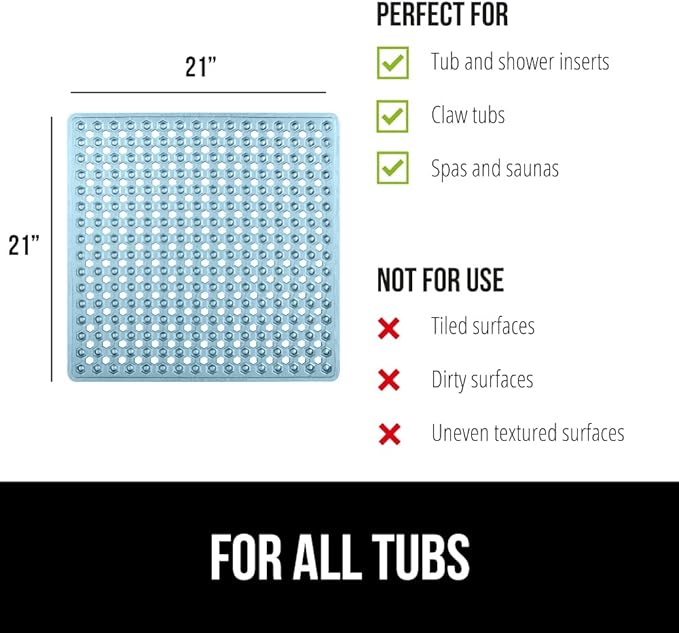 GORILLA GRIP Patented Square Shower Stall Mat, Small Bathtub Floor Mats for Stand Up Showers with Suction Cups and Drainage Holes, Machine Washable, Soft on Feet, Bathroom Accessories 21x21 Inch, Blue
