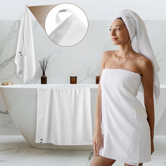 SEMAXE White Bath Towel for Bathroom, 100% Cotton Towel with Hanging Loop, Hotel & Spa Quality Soft Absorbent Towel, Gift Box Packaging, 1 Pc Bath Towel, 55" L x 27" W