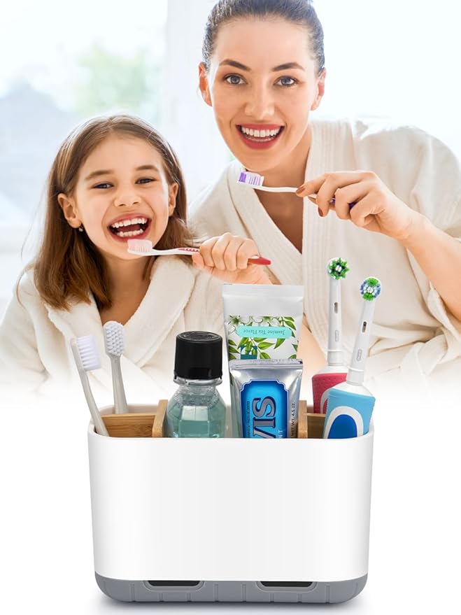 Toothbrush Holders for Bathrooms - Bamboo Divider Toothbrush and Toothpaste Holder with Drainage, Kids Electric Toothbrush Organizer for Bathroom Countertop, White Tooth Brush Holder