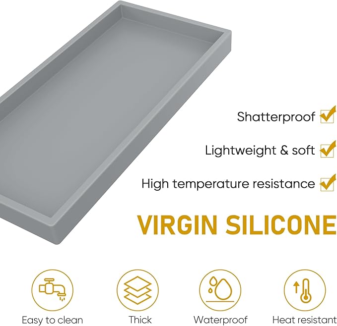 Bathroom Counter Tray,EG-SIPRO High-Grade Thickened Silicone Bathroom Vanity Tray,Shatterproof Durable Rectangle Bathroom Soap Dispenser Tray for Bathroom Countertop,Gray,Small+Large (EGTRAY)