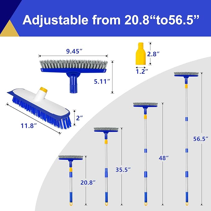 ITTAHO 12" Wide Floor Scrub and Grout Brush Set With Long Extendable Handle - Stiff Bristle Heavy Duty Cleaner for Tile, Deck, Garage, Kitchen, Bathroom