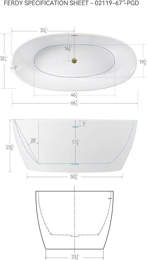 FerdY Tahiti 67" Freestanding Bathtub Elegant Oval Shape, Glossy White Double Walled Insulation bathtub with Center Polished Gold Drain & Overflow, cUPC Certified