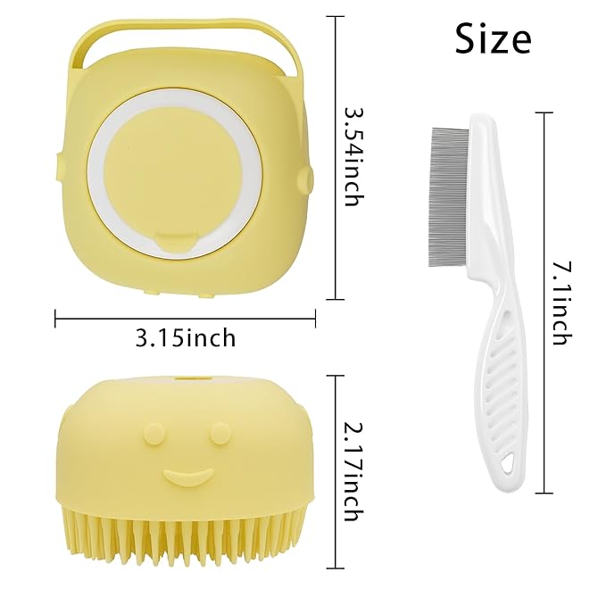 Pet Bath Massage Brush,Pet Bath Brush With Shampoo Dispenser,With Dog Grooming Comb,Suitable for long and short haired dogs and cats(Yellow)