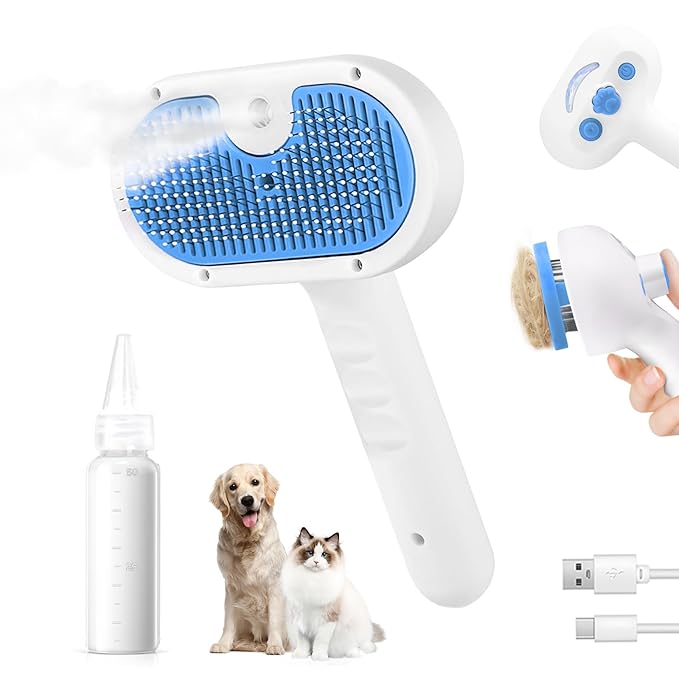 Pet Steam Brush for Dog & Cat - 3-in-1 Steam Grooming Brush for Shedding & Hair Removal - Self Cleaning Spray Comb with Mist for Long Haired Pets, Blue(waterless shampoo not include)